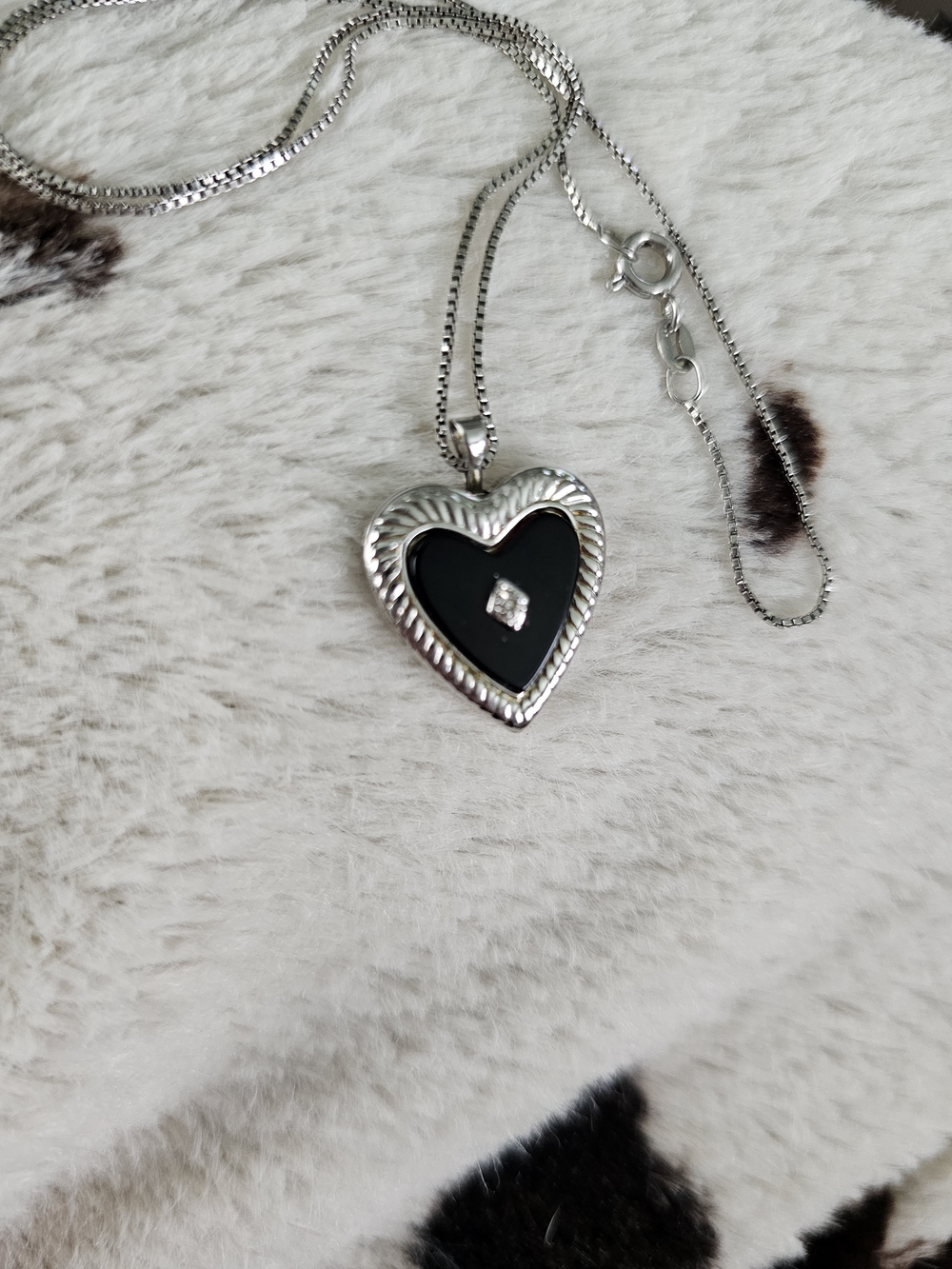 Silver Heart Pendant Necklace with Black Inlay 18 inches